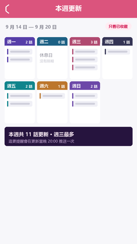 按周一到周日排列的更新日历